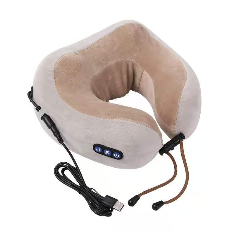 Beige neck massager with control panel on a white background